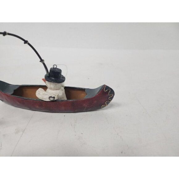 VINTAGE Christmas Tree Ornament Fishing Snowman In Metal Boat Fisherman Decor 6" - Picture 4 of 8